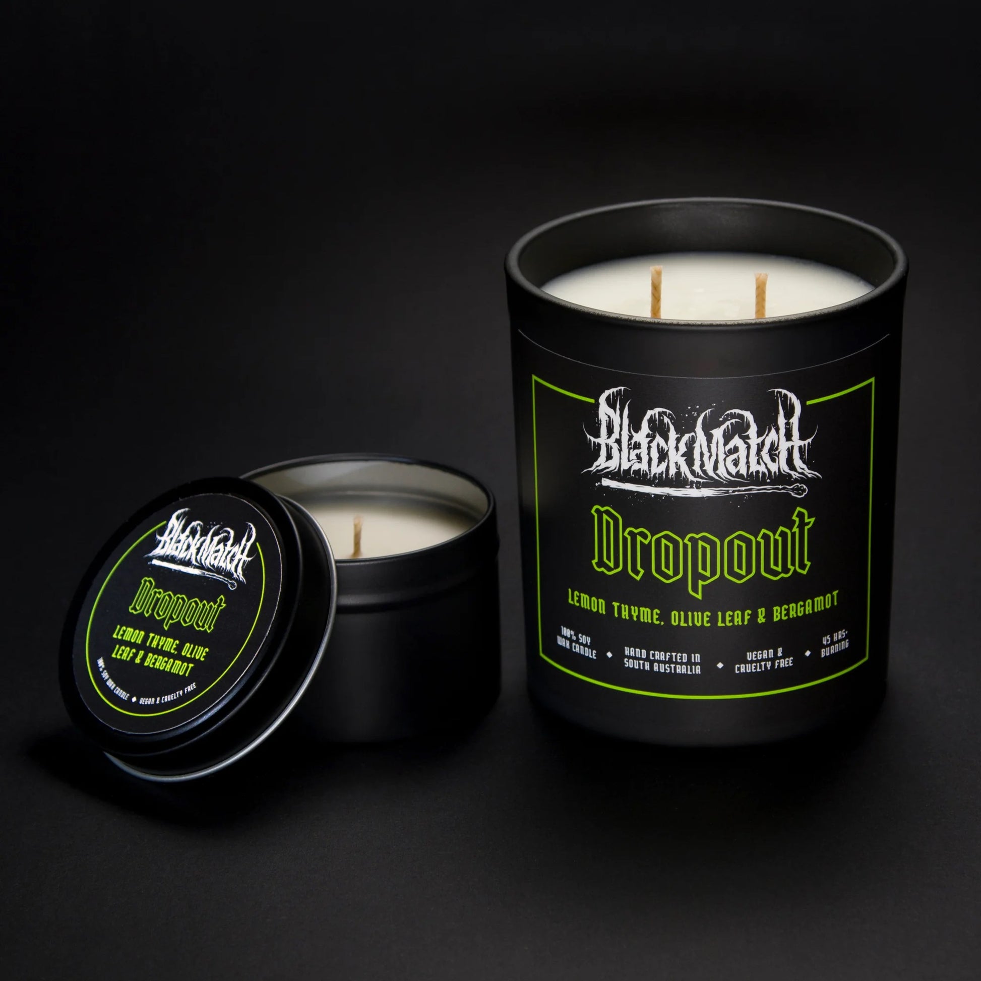 Black Match Candles, &#39;Dropout&#39;, 300g Soy Candle
